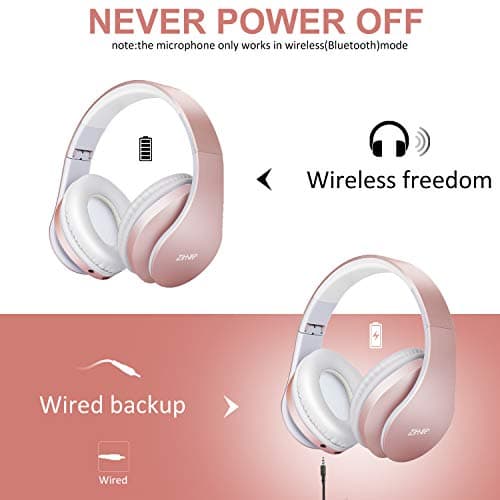 ZIHNIC Bluetooth Headphones Over-Ear, Foldable Wireless and Wired Stereo Headset Micro SD/TF, FM for Cell Phone,PC,Soft Earmuffs &Light Weight for Prolonged Wearing(Rose Gold) 5