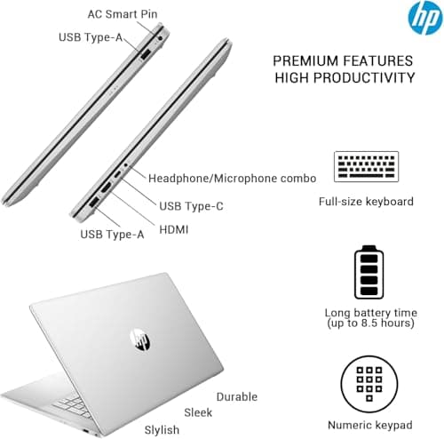 HP 17 Laptop Essential Computer, 17.3 IPS FHD Business PC, 6-Core AMD Ryzen 5, 32GB RAM, 1.5TB Storage (1TB SSD + 500GB Ext), Windows 11 Pro Copilot AI Lifetime Office, HubxcelAccesory, Number Pad 3