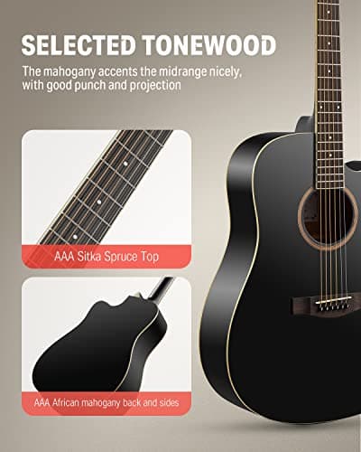 Donner Black Acoustic Guitar for Beginners, Adult, Teens, Starter Kits - Full Size 41'' Steel-String Acustica Guitarra Bundle Set with Free Online Lesson, Gig Bag, Strap, Tuner, Cutaway, DAG-1CB 3