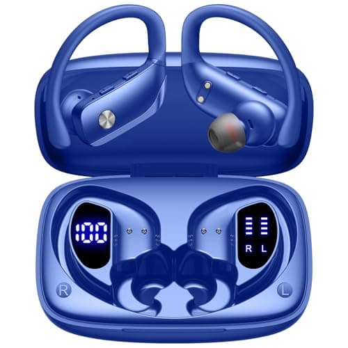 bmani Ear Buds Wireless Earbuds Bluetooth Headphones with 80H Playtime LED Display Case, Over-Ear Hook with Mic, Stereo Sound, Easy Button Controls, Sports Earphones for Running Workout Gym Blue