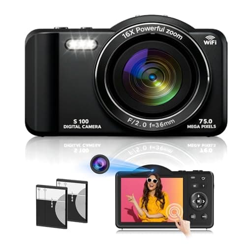 Digital Camera, 4K WiFi 75MP Compact Camera with Touchscreen 16X Zoom, Autofocus Vlogging Travel Camera, 32GB SD Card for Teens Boys Girls Beginners