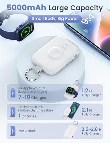 RORRY Portable Charger, 5000mAh Portable Charger Power Bank with Built-in Cables, Travel Keychain Battery Pack for Apple Watch Ultra/11/10/9/8/7/6/SE, iPhone Air/17/16/15/14/13/12, White 3