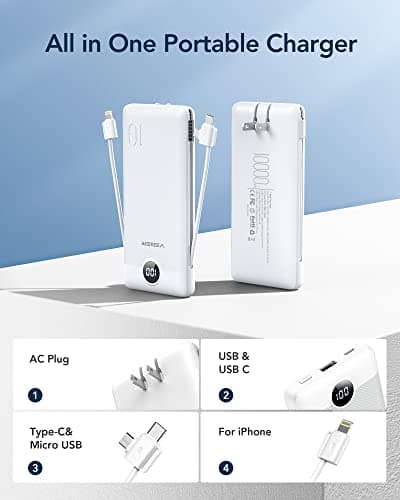VEGER Portable Charger for iPhone Built in Cables and Wall Plug, 10000mah Slim Fast Charging USB C Power Bank, Travel Essential Battery Pack Compatible with iPhones, iPad, Samsung More Devices(White) 2