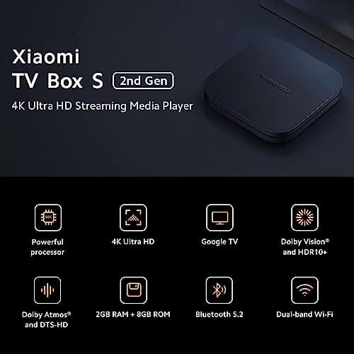 Xiaomi TV Box S 2nd Gen - 4K Ultra HD Streaming Media Player, Google TV Box with 2GB RAM 8GB ROM, 2.4G/5G Dual WiFi, Bluetooth 5.2 & Dolby Audio and DTS-HD, Dolby Vision, HDR10+ 2