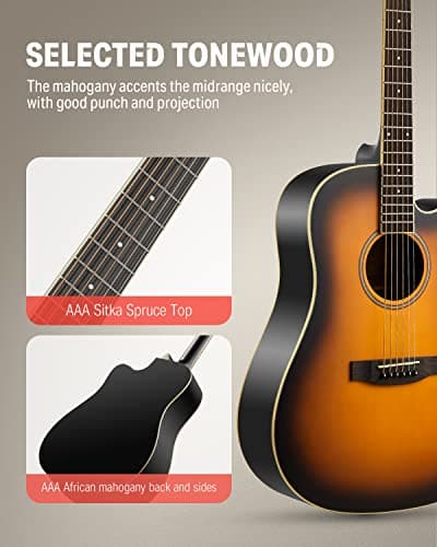 Donner Acoustic Guitar for Beginner Adult Full Size Cutaway Acustica Guitarra Bundle Kit with Free Online Lesson Bag Strap Tuner Capo Pickguard String Pick, Right Hand 41”Sunburst, DAG-1CS/DAD-160CS 3