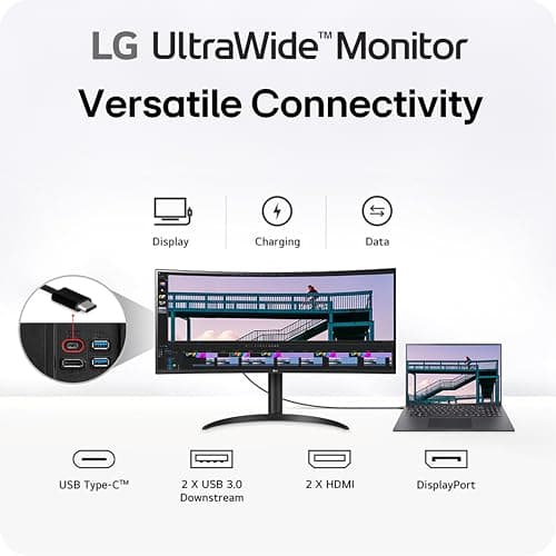 LG 34WR55QK-B 34-inch UltraWide WQHD (3440 x 1440) Curved Computer Monitor, 100Hz, 5ms, HDR10, Reader Mode, HDMI, DisplayPort, USB Type-C, Tilt/Height Adjustable Stand, Black 3