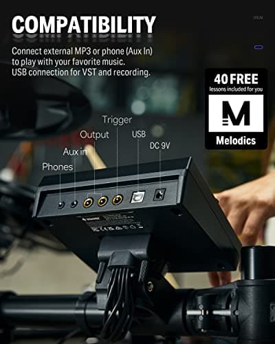 Donner DED-200 Electric Drum Sets with Quiet Mesh Drum Pads, 2 Cymbals w/Choke, 31 Kits and 450+ Sounds, Throne, Headphones, Sticks, USB MIDI, Melodics Lessons (5 Pads, 3 Cymbals) 3