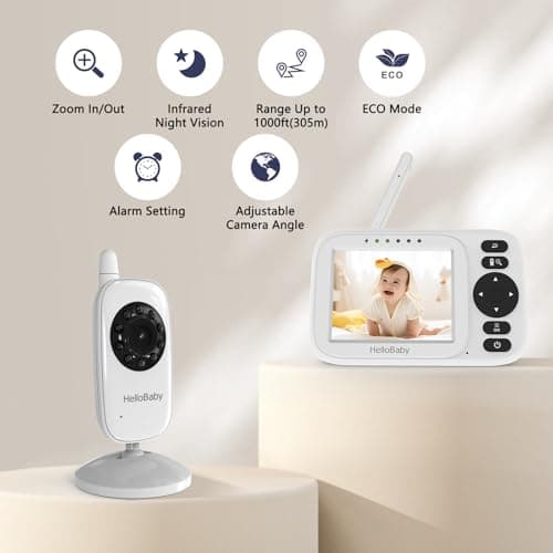 HelloBaby Baby Monitor No WiFi, 3.2'' IPS Screen, Auto Night Vision, Manual Baby Camera Adjustment, 1000ft/305m Range, ECO/VOX Audio Mode, Feeding Reminder, USB Charging Cable, HB2438 2