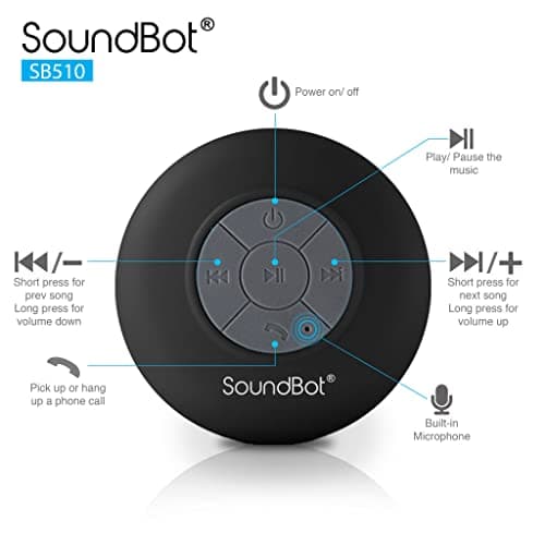 Soundbot® Waterproof Shower Speaker HD Water Resistant Bluetooth Handsfree Portable with Loud Clear Sounds 6+hrs of Playtime, Wireless Suction Cup Small Durable for Outdoors Travel Home SB510 (Black) 5