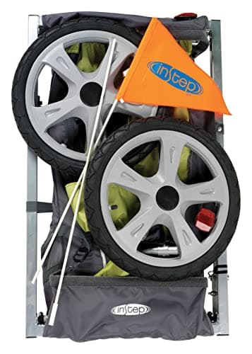 Instep Sync Single Seat Bike Child Trailer, Max Weight 40 lbs., 5-Point Harness, Folding Frame, Quick Release Wheels, Easy Storage, Bug Screen & Weather Shield, Green/Grey 4