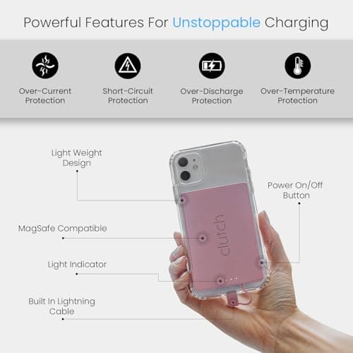 Clutch Pro Portable iPhone Charger for Travel 5000 mAH TSA Approved Magnetic Airplane Safe Portable Charger only Compatible with iPhone 14 & Older Devices with Built-in Lightning Cable 3.7 oz - Pink 4