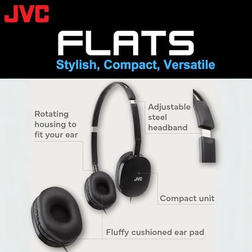 JVC Flats On-Ear Wired Headphones - Flat Foldable Design - 30mm Driver for Powerful Sound - Soft Ear-Pads for Comfort – Steel Headband - Lightweight & Portable - PC/Laptop/Gaming - 3.5mm Slim Plug 2