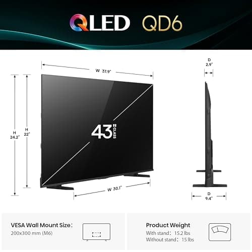 Hisense 43" Class QD6 Series (43QD6QF, 2025 Model) QLED 4K UHD Smart Fire TV, Voice Remote with Alexa, Dolby Vision, Dolby Atmos, Motion Rate 120, HDR 10+, Game Mode Plus, MEMC, VRR, ALLM 3