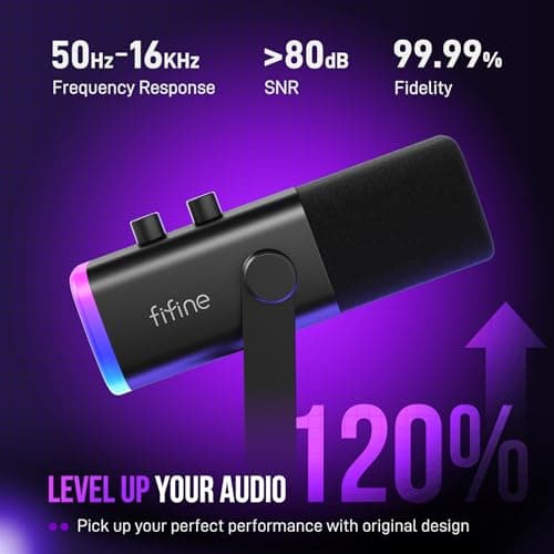 FIFINE XLR/USB Gaming Microphone Set, Dynamic PC Mic for Streaming Podcasting, Computer RGB Mic Kit with Boom Arm Stand, Mute Button, Headphones Jack, for Recording Vocal Voice-Over-AmpliGame AM8T 3