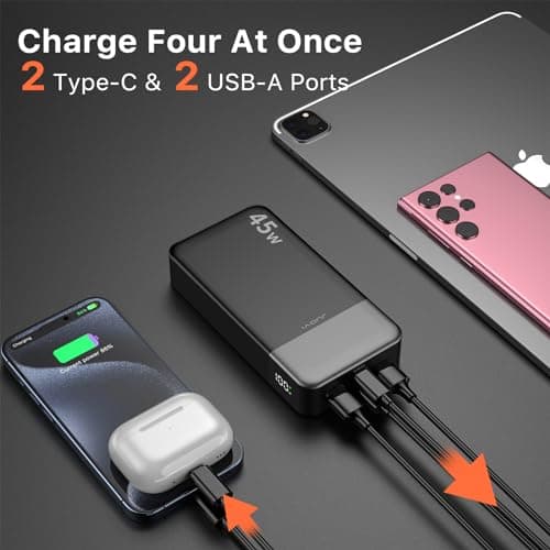 JUOVI Portable Power Bank, 20000mAh 45W Portable Charger, PD3.0 QC4.0 Fast Charging with LED Display, 2 USB-C, 2 USB-A, Battery Pack for iPhone 15 14 13 Series, MacBook, Galaxy, iPad, and More (Black) 4