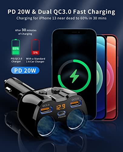 [2025 Upgraded] Cigarette Lighter Splitter, SUPERONE 180W 2-Socket Cigarette Lighter Adapter with Dual QC3.0 and 20W PD USB C Car Charger Splitter for GPS/Dash Cam/Laptop/iPad/iPhone 17/16/15/14/13/12 3