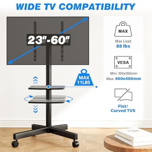 Rfiver Mobile TV Stand for 23-60 Inch LCD LED Flat/Curved Panel Screen TVs up to 88 lbs, Rolling TV Stand with Adjustable Shelf & Tilt, Portable Floor Stand on Wheels for Bedroom, Living Room, Office 2