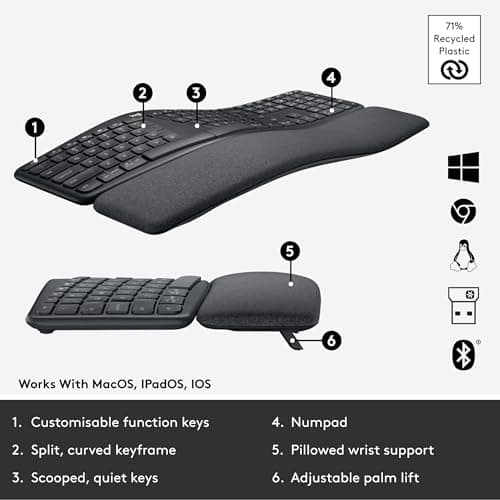 Logitech ERGO K860 Wireless Ergonomic Keyboard - Split Keyboard, Wrist Rest, Natural Typing, Stain-Resistant Fabric, Bluetooth and USB Connectivity, Compatible with Windows/Mac, Black 5