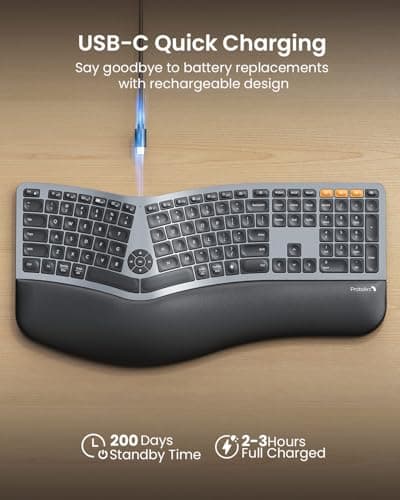 Backlit Bluetooth Ergonomic Keyboard, ProtoArc EK01 Plus Full Size Wireless Split Keyboard with Dual Bluetooth and USB, Cushioned Wrist Rest, Rechargeable for Windows/Mac/Android, Grey Black 5