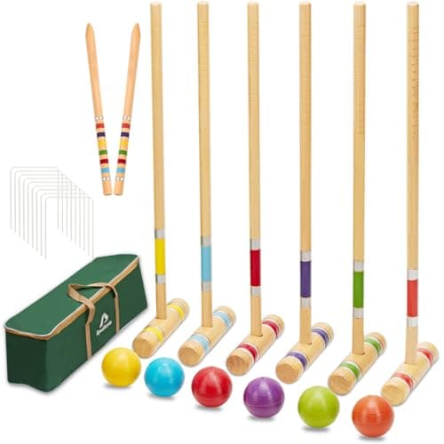 ApudArmis Six Player Croquet Set with Premiun Rubber Wooden Mallets 28In,Colored Ball,Wickets,Stakes - Lawn Backyard Outdoor Game Set for Adults/Teenagers/Family (Large Carry Bag Including)