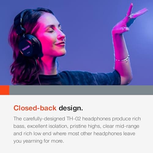 TASCAM TH-02 Professional Studio Monitor Headphones, Wired, Over Ear — for Recording, Podcast, DJ, Music and Guitar, with 1/4 Inch Jack Adapter 5