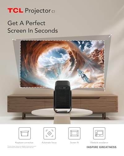 TCL C1 Smart Projector 4K Support, Google TV & Netflix Officially Licensed, WIFI and Bluetooth, Auto Focus Keystone, Native 1080p, Dolby Audio, 285° Portable Mini Projector for Home Theater 4