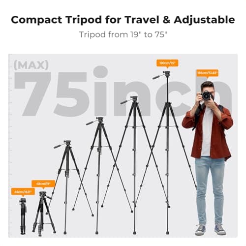 K&F CONCEPT Camera Tripod, 75" Lightweight Portable Travel Outdoor DSLR Tripods for Camera Phone Video Recording Tripod Stand, Cellphone Clip for Smartphone Live Streaming Vlog, Black 4