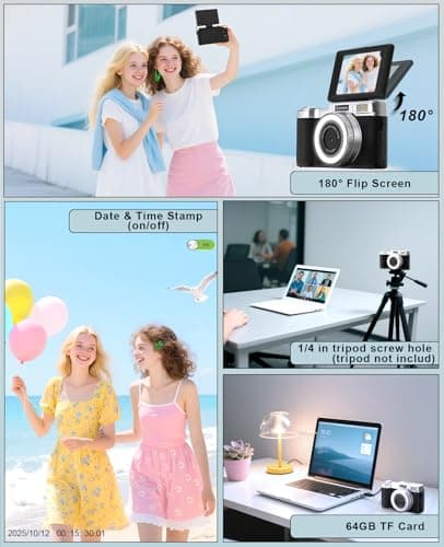 FLATIC Digital Camera, 4K 64MP Cameras for Photography with 64GB Card, 18X Zoom Autofoucs Vlogging Camera for YouTube with 180° Flip Screen, Compact Vlog Travel Camera Kit for Beginner, Teens 5