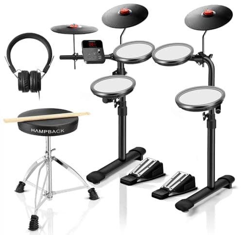 HAMPBACK MK-0 Electric Drum Set with 7'' Quiet Mesh Drum Pads, 8'' Full Rubber Cymbals, 12 Kits and 68 Authentic Sounds, USB MIDI, Throne, Sticks, Headphone, 2 Switch Pedals for Beginners & Kids
