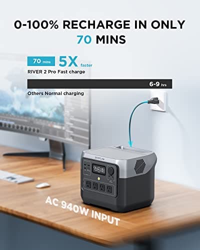 EF ECOFLOW Portable Power Station RIVER 2 Pro, 768Wh LiFePO4 Battery, 70 Min Fast Charging, 4X800W (X-Boost 1600W) AC Outlets, Solar Generator for Outdoor Camping/RVs/Home Use Black 4