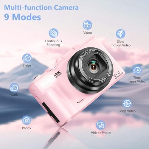 4K Digital Camera for Photography, 64MP Vlogging Camera for YouTube with 3" 180° Flip Screen, 18X Digital Zoom Point and Shoot Camara with 32GB Micro SD Card for Beginner (Light Pink) 5