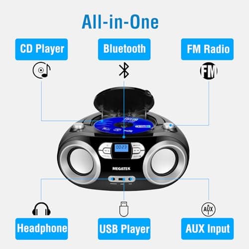 MEGATEK Portable CD Player Boombox with FM Radio, Bluetooth, USB Port, AUX Input, and Headphone Jack – CD-R/CD-RW/MP3-CD Compatible, Clear Stereo Sound, Backlit LCD Display – Black 2