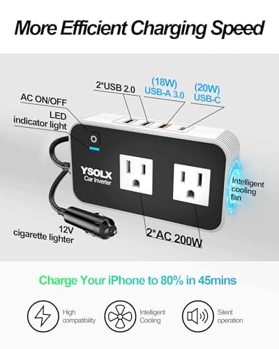 YSOLX 200W Car Power Inverter 12V to 110V for Vehicles, Car Plug Adapter Outlet with 4 USB Fast Charger, Car Charger Cigarette Lighter Adapter for Phone, Laptop on Road Trip 2