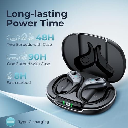 occiam Active Noise Cancelling Earbuds Wireless Bluetooth Headphones Ear Buds 90Hrs Playback Stereo Bass Earphones with Mic Over-Ear Hooks IPX7 Waterproof Headset for Work Sports Running Gym Black 3