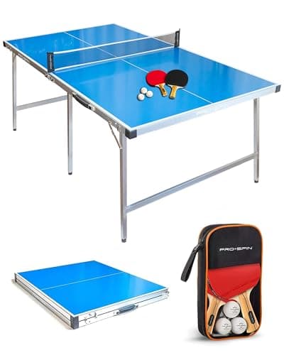 PRO-SPIN Compact Ping Pong Table - 72" x 41" Mid-Size, Foldable, Portable Ping Pong Set | 100% Pre-Assembled Weatherproof Indoor/Outdoor | Includes Net, Cover, Table Tennis Paddles & Balls