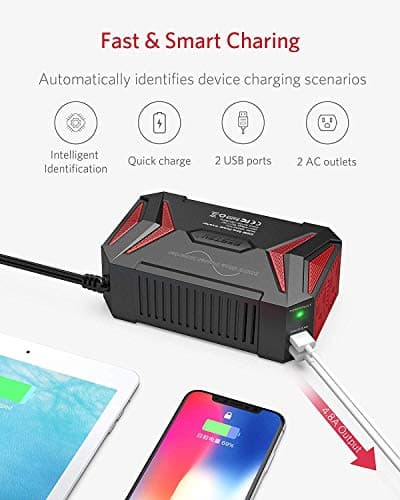 BESTEK Pure Sine Wave Power Inverter - 300W Car Plug in Charger Outlet DC 12V to 110V AC - Cigarette Lighter Adapter with 4.8A Dual USB Fast Charging Ports for Laptop - Aluminum Housing - Black 3