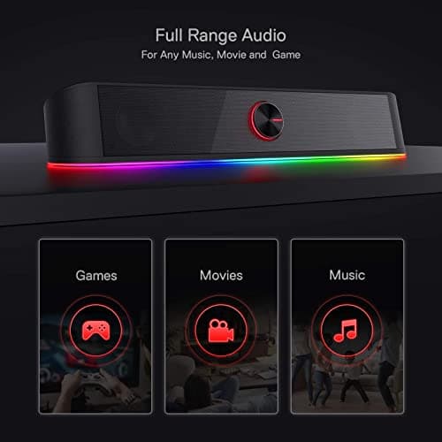 Redragon GS560 RGB Desktop Soundbar, 2.0 Channel Computer Speaker with Dynamic Lighting Bar Audio-Light Sync/Display, Touch-Control Backlit with Volume Knob, USB Powered w/ 3.5mm Cable, Black 3