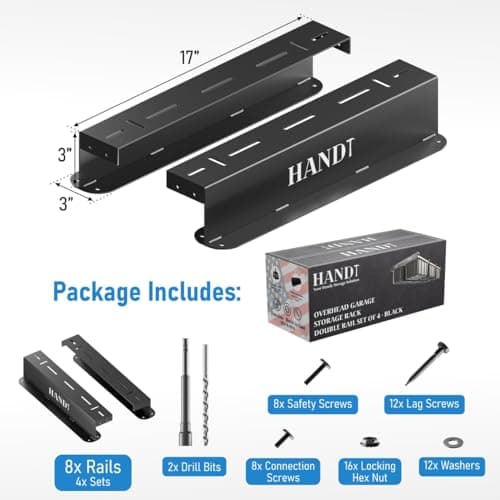 HANDT Overhead Garage Storage Rack, Connectable Heavy Duty Metal Ceiling Rails For Garage Storage Organization Shelving System, Hanging Racks For Tote Containers, Supports Up To 6 Bins, 4 Sets Black 3