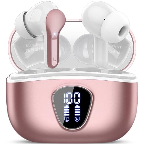 Wireless Earbuds, Bluetooth 5.4 Headphones HiFi Stereo, Bluetooth Earbuds with ENC Noise Cancelling Mic, IP7 Waterproof in Ear Earphones, 48H, LED Display Ear buds for Pad Phones Workout, Rose Gold