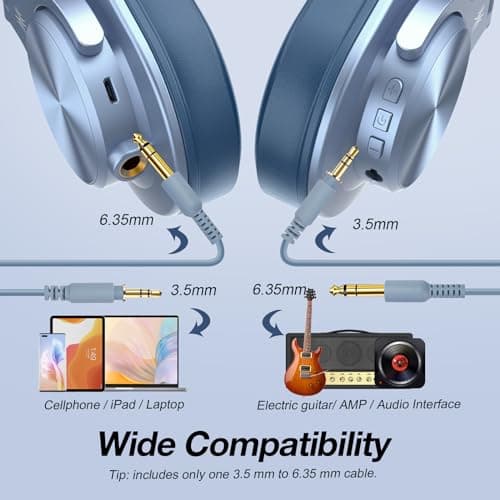 OneOdio A70 Bluetooth Over Ear Headphones, Wireless Headphones w/ 72H Playtime, Hi-Res, 3.5mm/6.35mm Wired Audio Jack for Studio Monitor & Mixing DJ Guitar AMP, Computer Laptop PC Tablet - Sky Blue 5