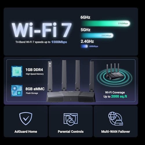 GL.iNet GL-BE9300 (Flint 3) Tri-Band WiFi 7 Router, High-Speed 6GHz Gaming WiFi Router for Wireless Internet, Long Range, 5 x 2.5G VPN Routers for Fiber Optic Modem, Computer Routers, Home & Business 3
