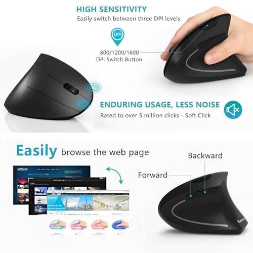 Ergonomic Mouse, LEKVEY Vertical Wireless Mouse - Rechargeable 2.4G Optical Vertical Mice : 3 Adjustable DPI 800/1200/1600 Levels 6 Buttons, for Laptop, Mac, PC, Computer, Desktop, Notebook etc, Black 3