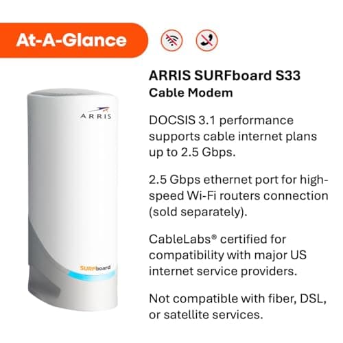 ARRIS SURFboard S33 DOCSIS 3.1 Multi‑Gig Cable Modem | 2.5Gbps + 1Gbps Ethernet Ports | Works with Xfinity, Cox, Spectrum | For Cable Internet Plans up to 2.5Gbps | Modem Only, Router Required 2