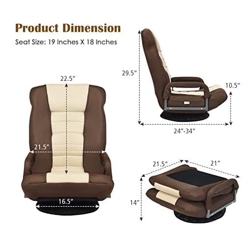 Giantex Floor Gaming Chair, 360 Degree Swivel Floor Chair w/Armrests, 6 Adjustable Position, Padded Backrest, Folding Floor Rocker for Games, Lazy Sofa Lounger, Brown/Beige 2