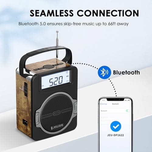 JEUJUG Radio Portable AM FM Digital Radios Clock Radio with Bluetooth 5 Watts Loud Speaker Rechargeable AM FM Radios Plug in Wall Battery Operated Best Reception for Home Outdoor Great Retro 3