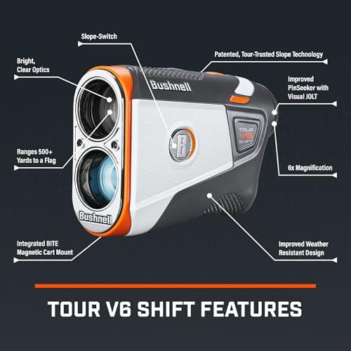 Bushnell Golf Tour V6 Shift Laser Rangefinder with Slope Compensation, 1300-Yard Range, Flag Lock Vibration, Magnetic Cart Mount, 6X Magnification, Waterproof – Tournament Legal (Patriot Pack) 2