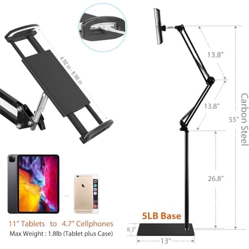 Tablet Floor Stand with 5LB Metal Base, Overhead Bed Phone Stand Angle Height Adjustable Holder, Universal Floor Stand Compatible with iPhone iPad Pro Air Mini, Samsung Tab, Kindle, E-Readers… 3