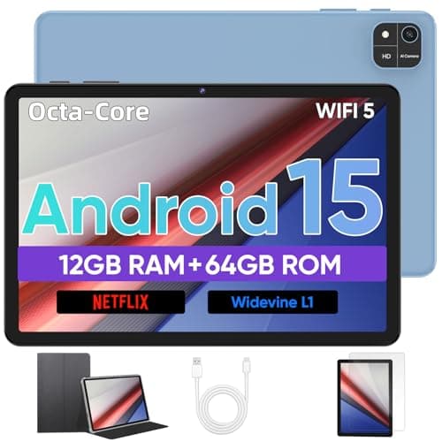 Tablet 10 inch Android 15 Tablet, Octa-Core Processor, 12GB RAM 64GB ROM 2TB Expand, 1280x800 HD Touchscreen, GPS, WiFi 5, Dual Camera, BT5.0, 6000mAh, Widevine L1 (Blue with case)