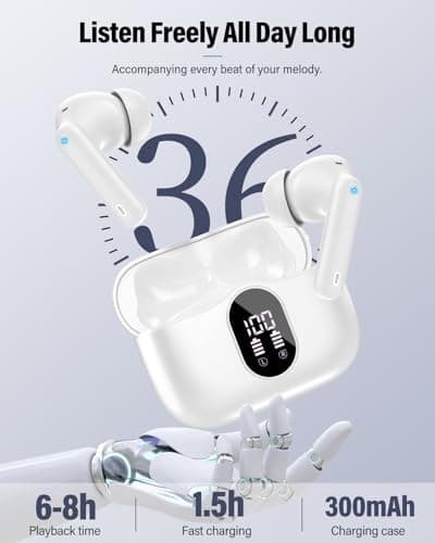 Wireless Earbuds, Bluetooth 5.4 Headphones Bass Stereo, Ear Buds with Noise Cancelling Mic, LED Display in Ear Earphones Clear Calls, IP7 Waterproof Bluetooth Earbuds for Laptop/Phones/Sports, White 5