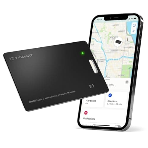 KeySmart MFI-Certified SmartCard Wallet Tracker Card, Compatible with Apple Find My App, Rechargeable Thin GPS Item Finder for Luggage Tag, Smart Bluetooth Tracking with Key Chain Hole Black, 1 Pack